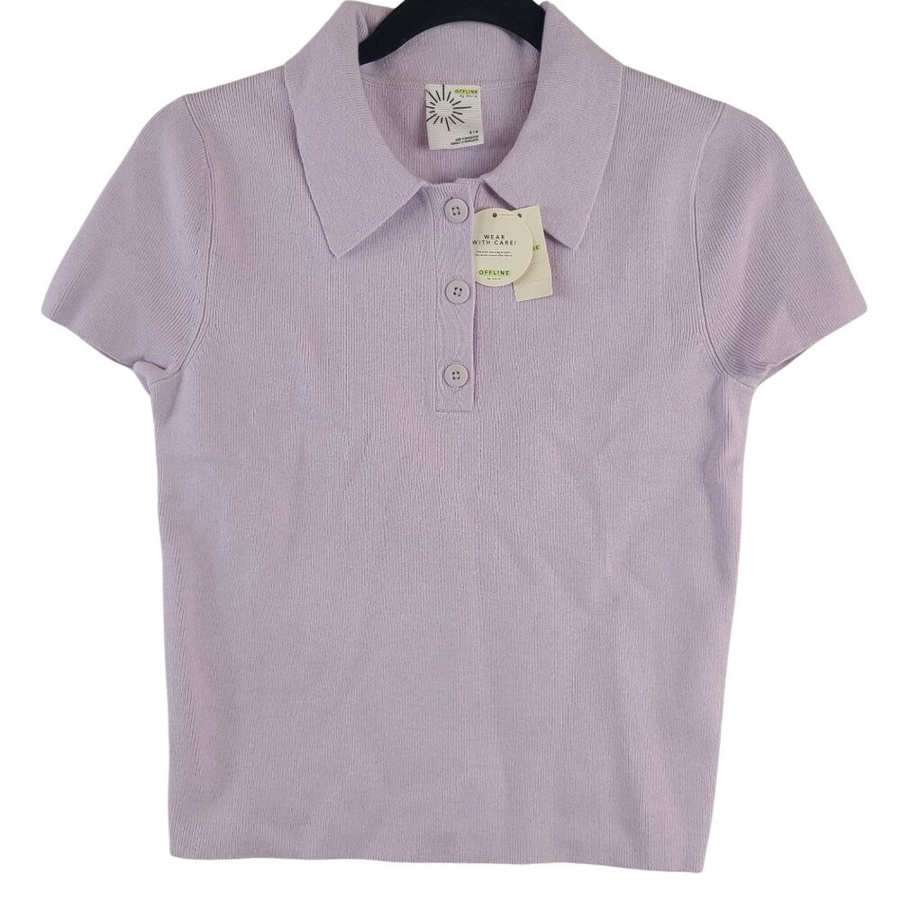 Offline By Aerie Purple Ribbed Polo Collar Short Sleeve Sweater Knit Top Sz S